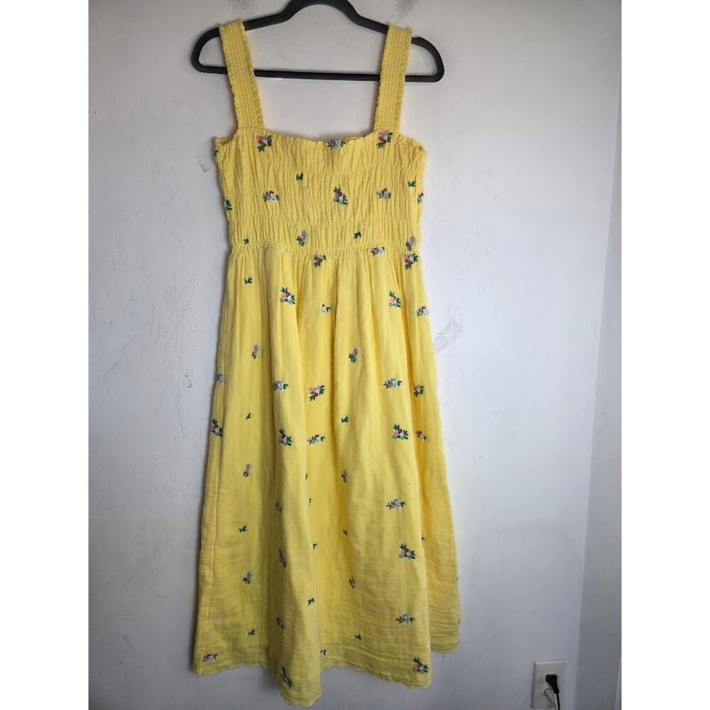 Cath Kidston Yellow w/Floral Embroidery Smocked Cotton Midi Dress size 10